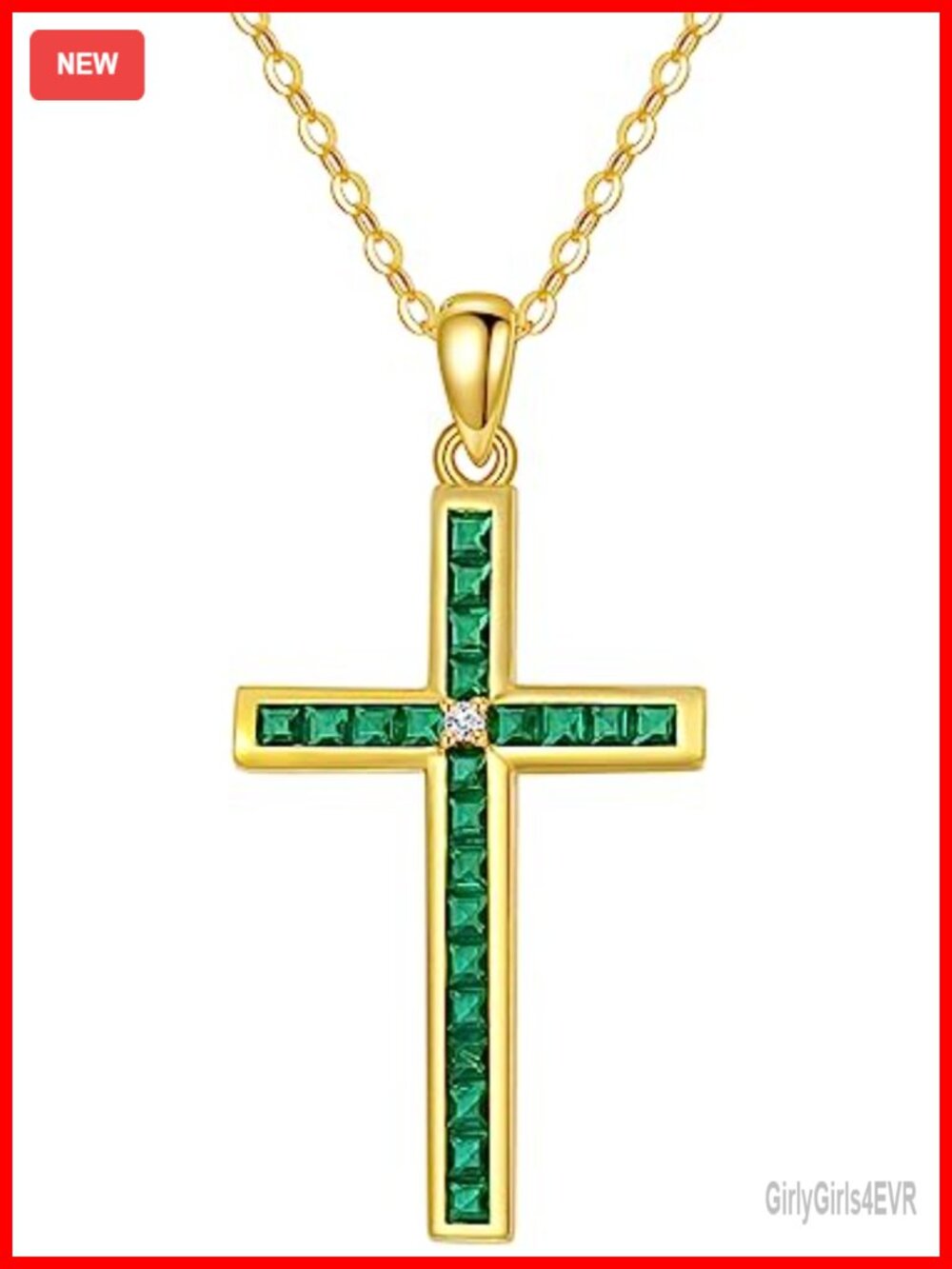 14K Yellow Gold Cross Pendant Necklace Simulated Emerald Adjustable 16-18"
